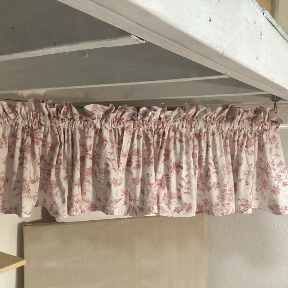 valance 80W”x20L” garnett red cotton tier curtain floral botanical 4 tie backs